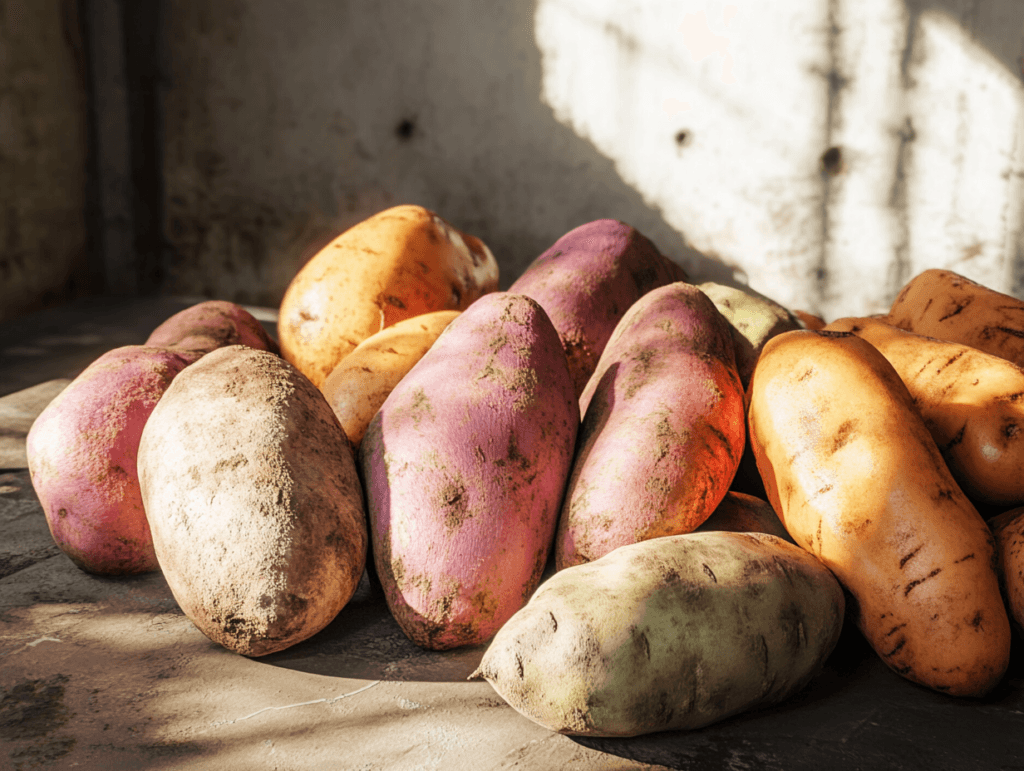 A variety of sweet potatoes arranged on a wooden table.