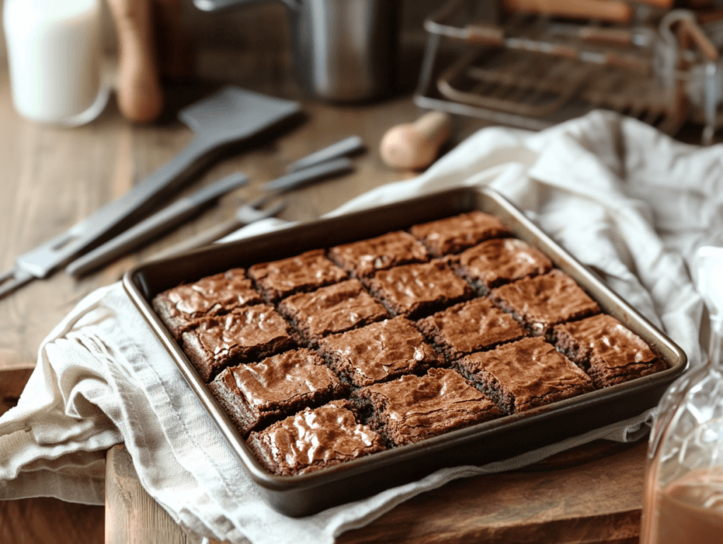 A realistic tray of freshly baked brookies, cut into squares, with a rich, gooey texture and a golden-brown top.