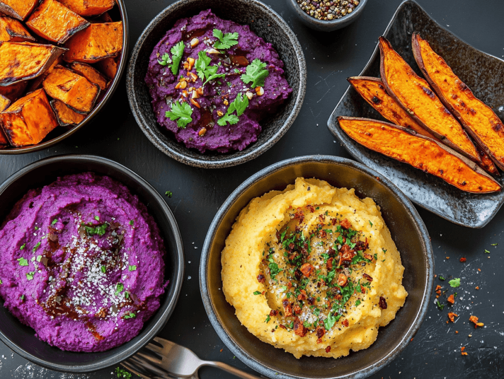 A vibrant spread of mashed purple and yellow sweet potatoes, garnished with fresh herbs, surrounded by roasted orange sweet potato wedges on a dark background.