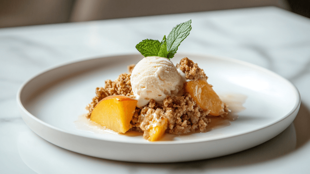 A serving of peach crumble on a white dessert plate, topped with a scoop of vanilla ice cream and garnished with a sprig of mint.