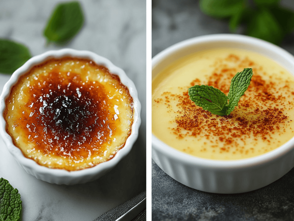 A side-by-side comparison of crème brûlée with and without its caramelized sugar crust, highlighting the smooth custard and golden topping.
