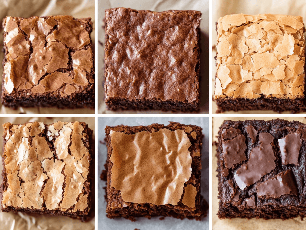 A side-by-side comparison of fudgy, cakey, and chewy brownies, each cut into squares and displayed on a wooden surface.