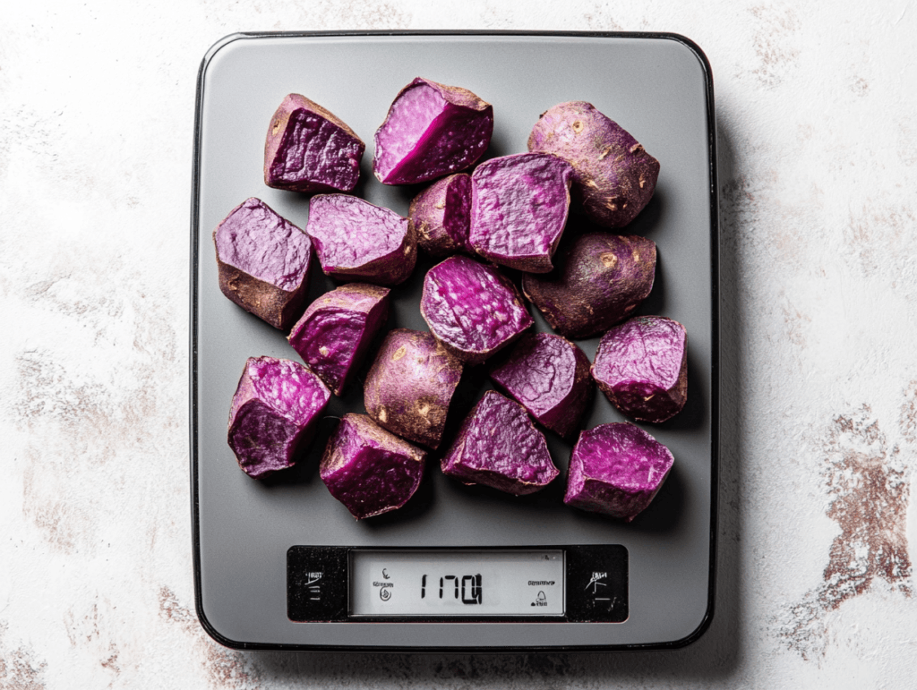 Chopped purple sweet potatoes placed on a digital kitchen scale, showing a weight of 1170 grams.