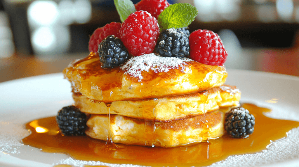 Cottage cheese pancakes with berry toppings.
