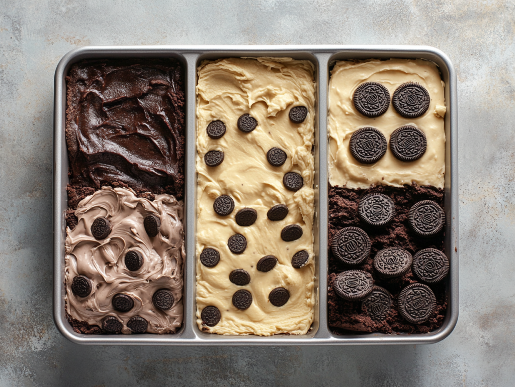 A step-by-step photo sequence showing brownie batter being poured over Oreo cookies and cookie dough in a baking pan.