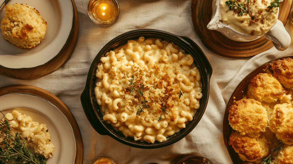 Mac and cheese with biscuits and cornbread.