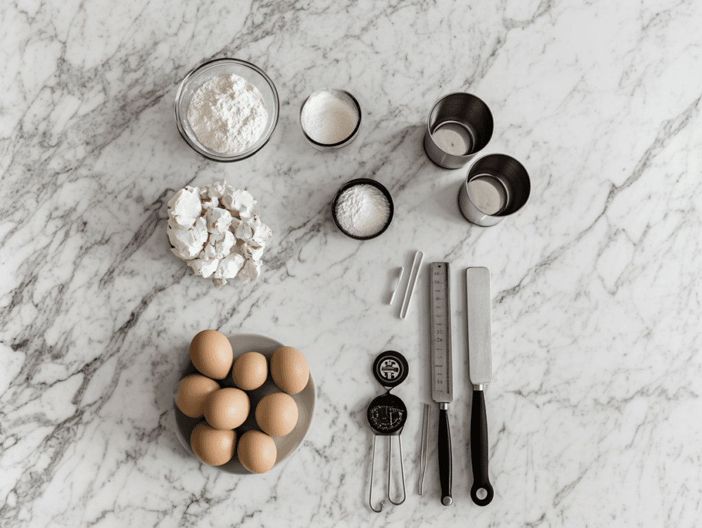 A top-down view of neatly arranged brookie ingredients, including flour, chocolate chips, eggs, butter, sugar, and cocoa powder on a wooden surface.