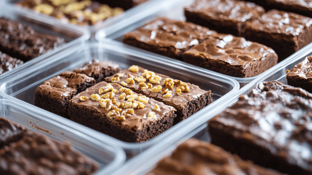 Assorted brownies in airtight containers ready for freezing.