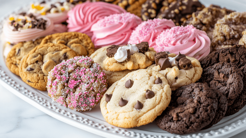 A platter of various Crumbl Cookie flavors.