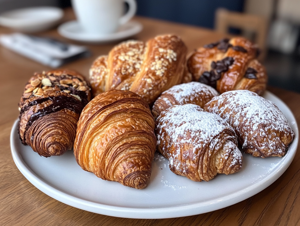 A variety of croissants, including almond, chocolate, and plain, beautifully arranged on a wooden board