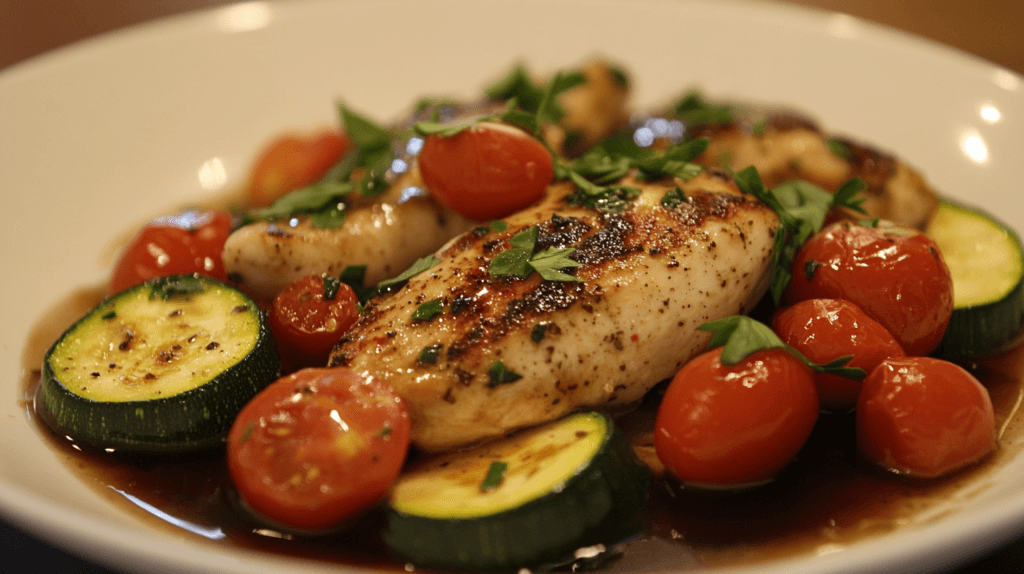 Balsamic chicken with roasted vegetables.