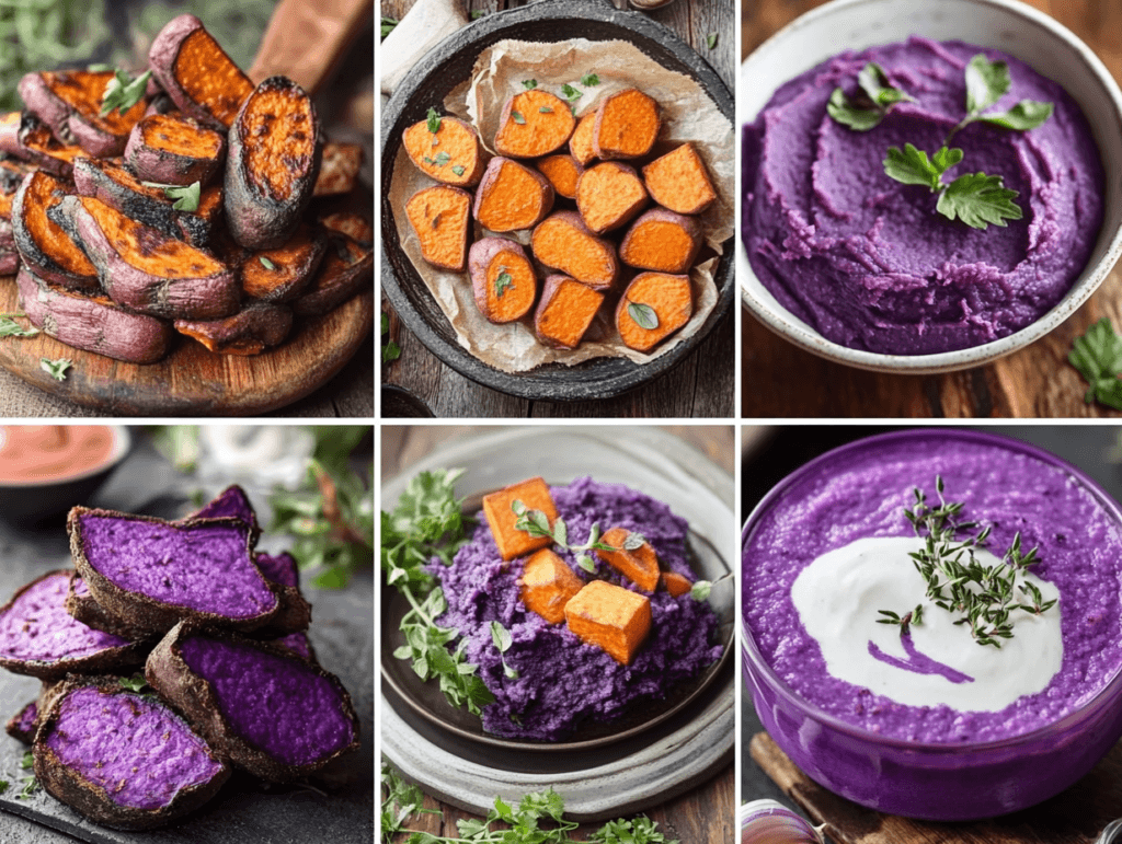 A collage of six dishes featuring sweet potatoes, including roasted orange and purple sweet potatoes, mashed purple sweet potato, and vibrant purple sweet potato puree garnished with herbs.