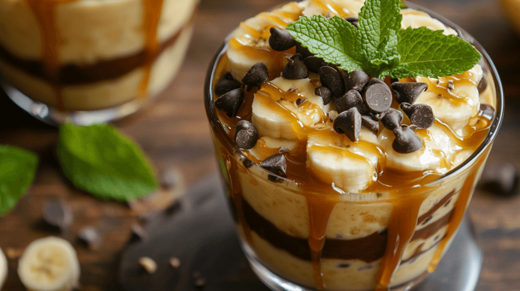 A vibrant image of a personalized banana pudding dessert served in a glass, topped with fresh banana slices and a sprinkle of cinnamon.
