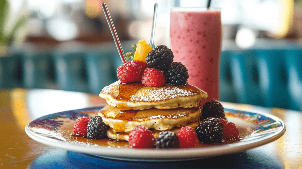 Cottage cheese pancakes with berries and syrup.