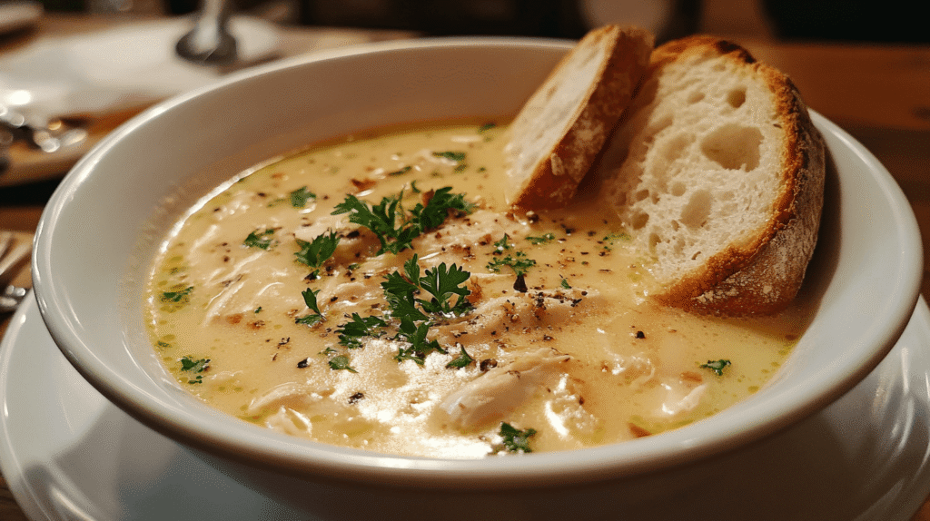A warm and appetizing image of chicken soup in a white bowl, garnished with fresh herbs and served with a spoon on the side.