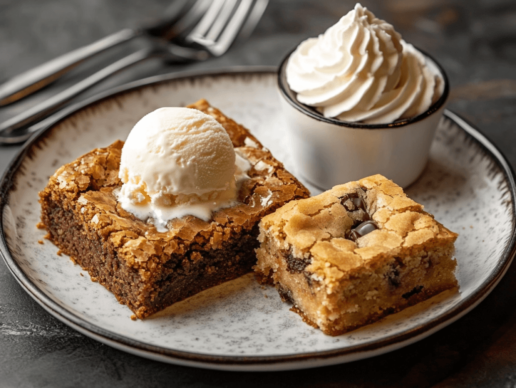 A warm blondie topped with a scoop of vanilla ice cream melting gently, garnished with caramel drizzle on a white plate.