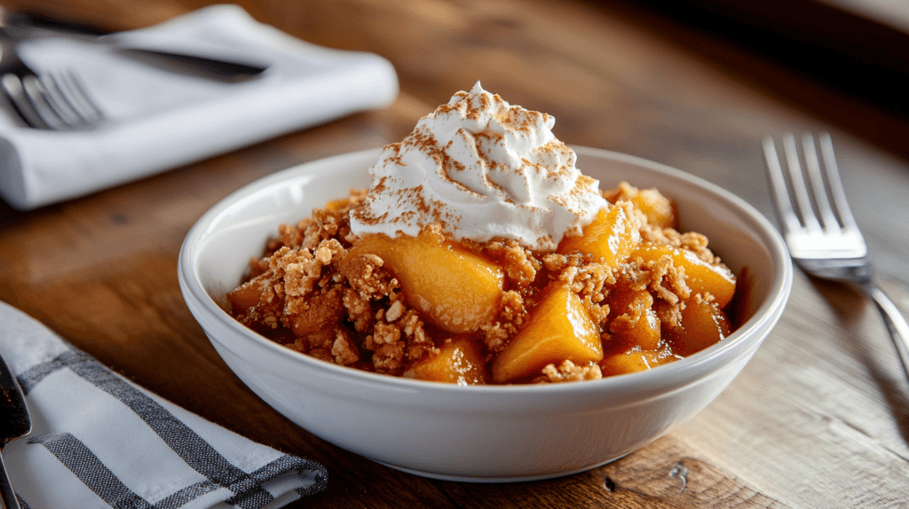 A bowl of sliced peaches with a wooden spoon stirring, ready for use in a dessert recipe.