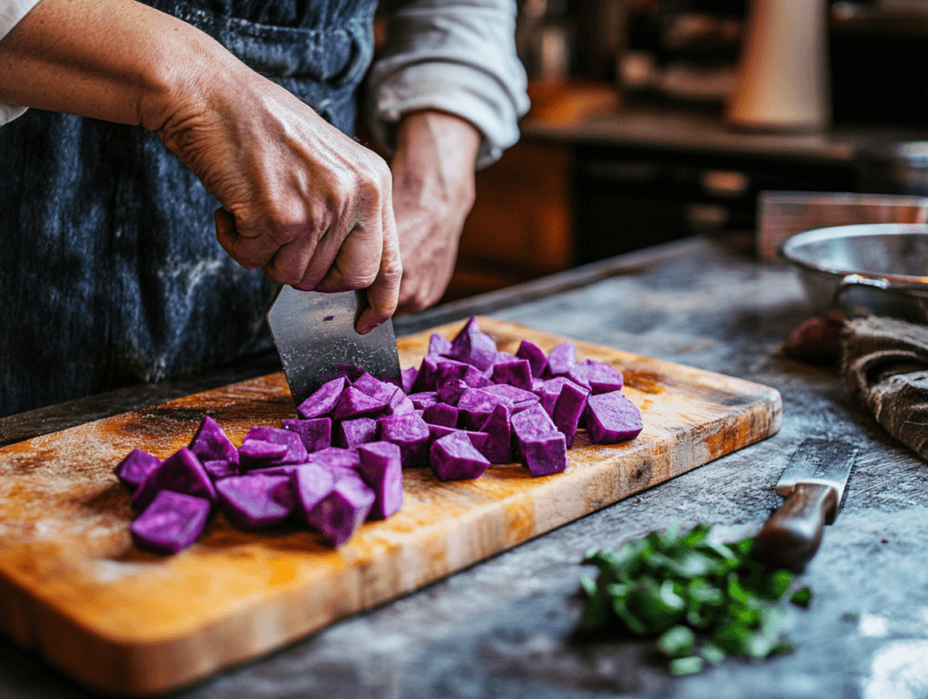 A person chopping purple sweet potatoes on a wooden cutting board in a well-lit kitchen with a modern design.