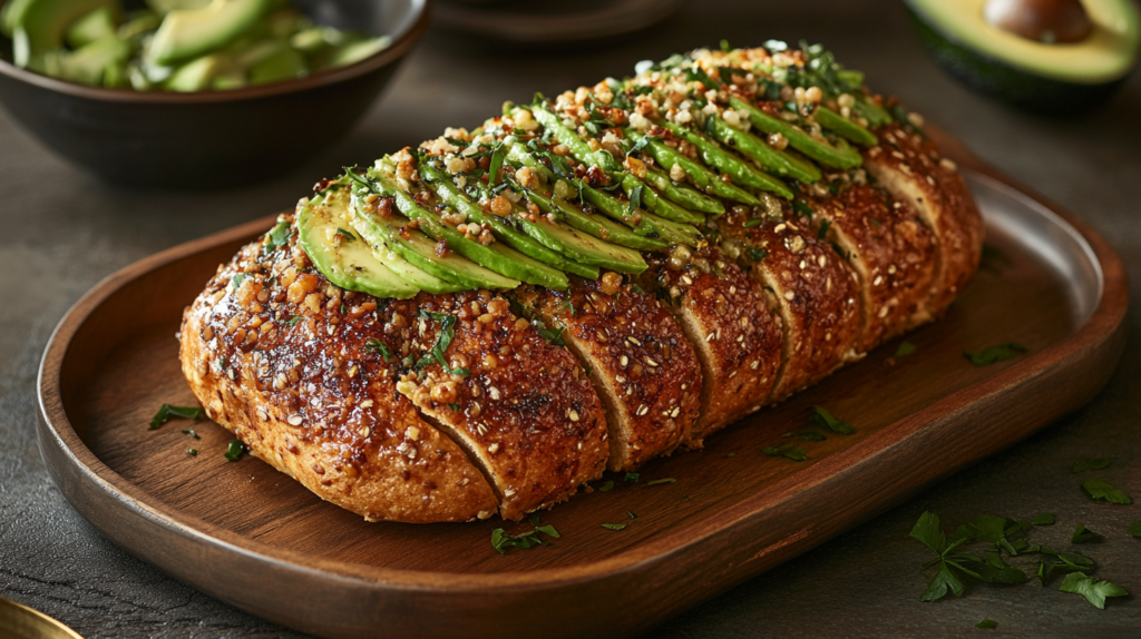 A slice of whole-grain brioche with avocado spread.