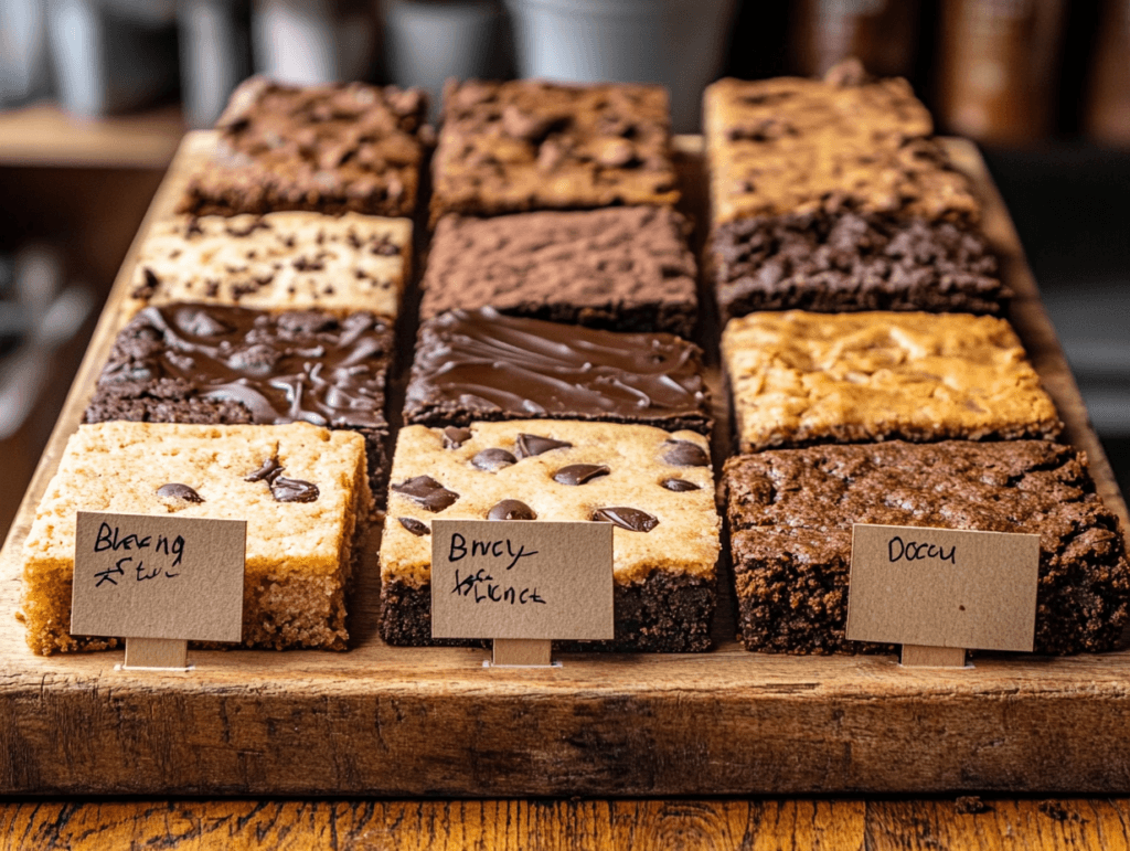 A wooden board with blondies and brookies placed side by side, showcasing their distinct textures and rich, golden-brown tops.