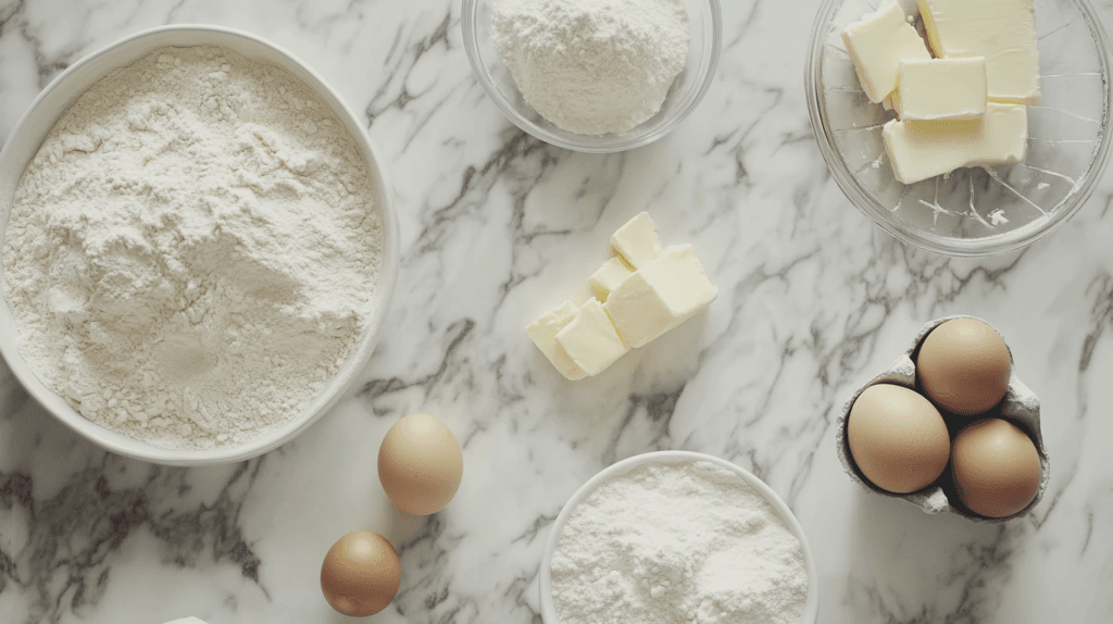 Ingredients for making brioche bread on a kitchen counter.