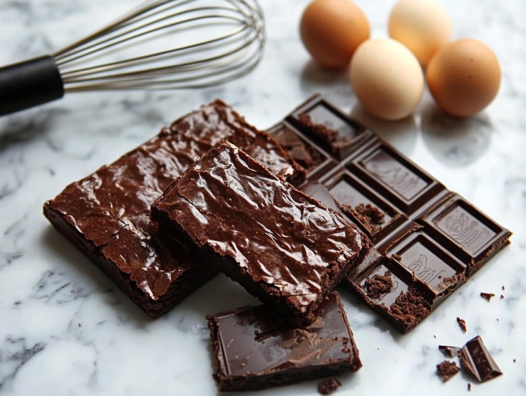 An artistic arrangement of brownie-making essentials, including cocoa powder, sugar, eggs, butter, and flour, styled on a rustic wooden surface.