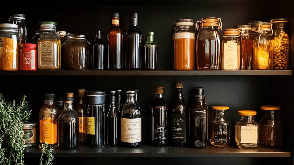 Bottles of balsamic vinegar stored on a pantry shelf.