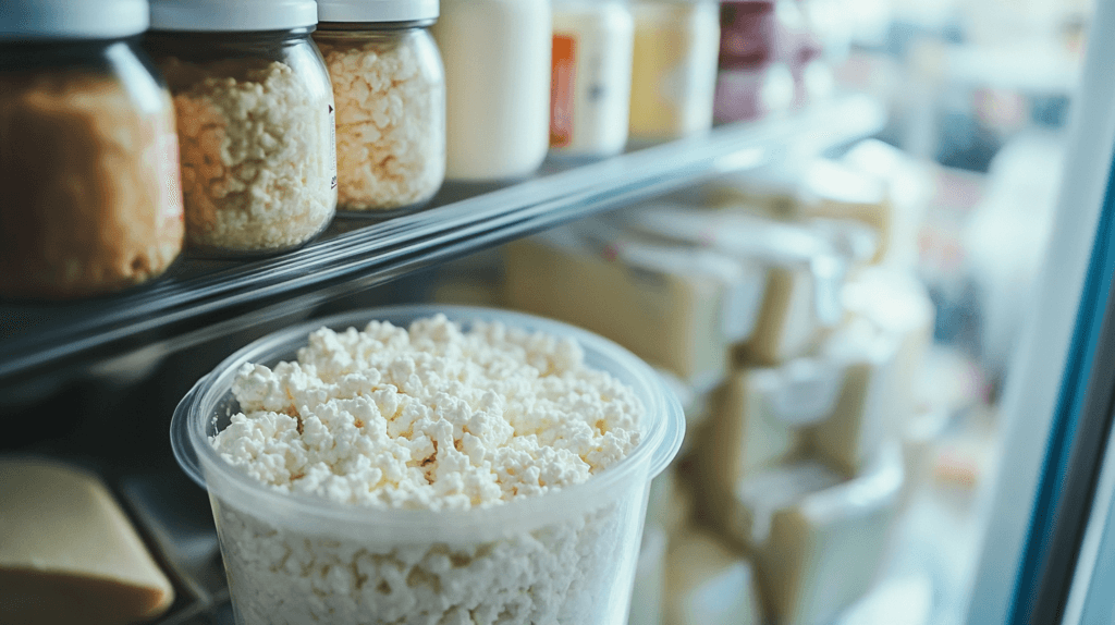 A refrigerator with dairy products and cottage cheese stored in an airtight container.