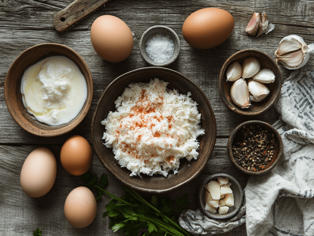 An overhead view of fresh crab meat, eggs, heavy cream, and seasoning arranged neatly on a wooden surface, ready for cooking.