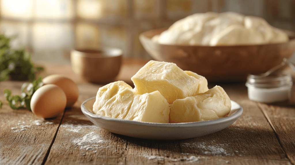 Butter, sugar, and eggs next to a bowl of brioche dough.