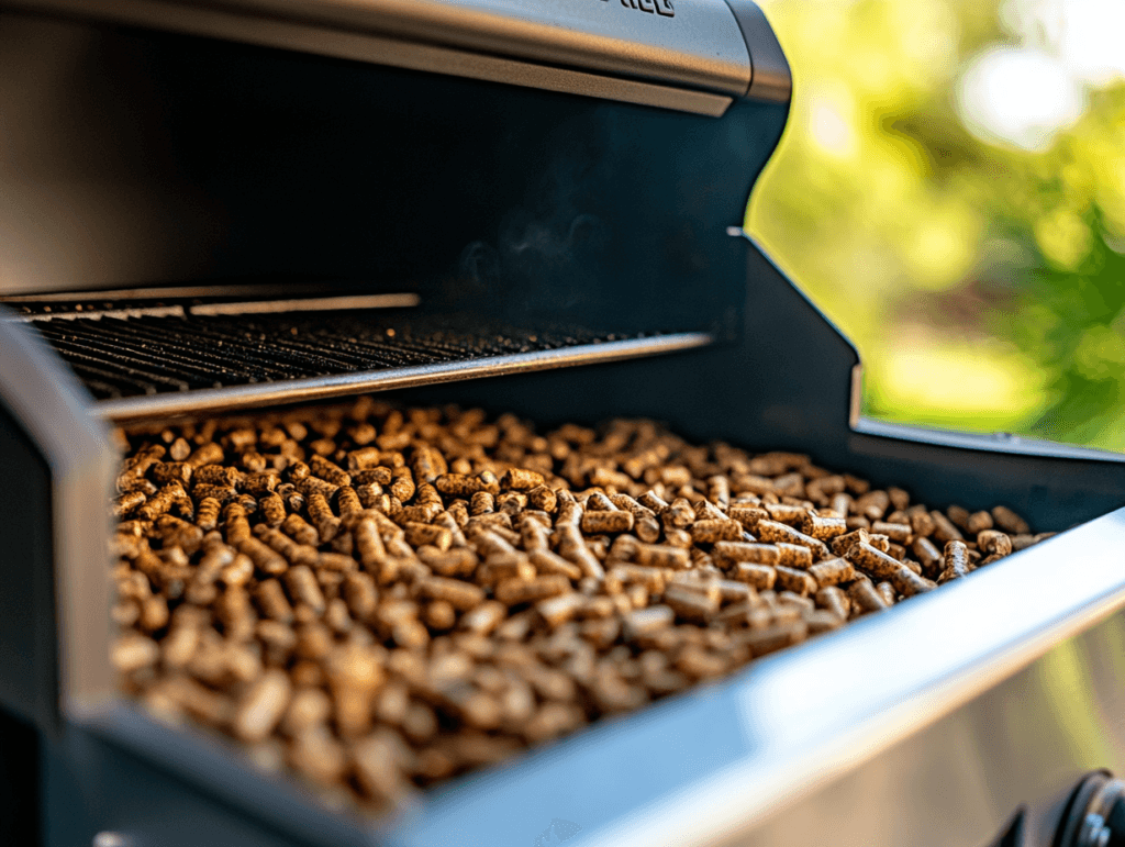 A close-up of a Traeger grill loaded with wood pellets, with smoke rising and a lush green background.