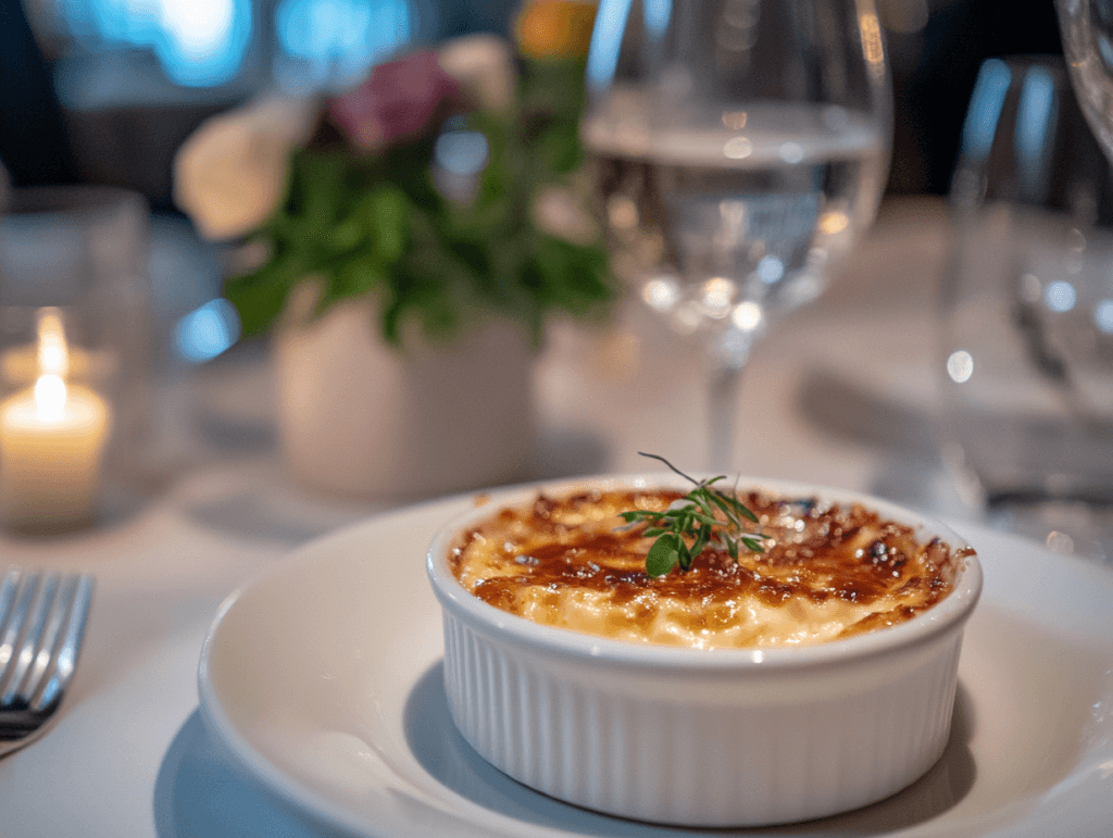 Close-up of a crème brûlée dessert with a caramelized sugar crust, served in a ceramic ramekin on a wooden table.
