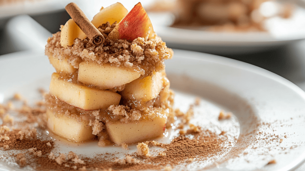 Close-up view of Apple Betty with visible breadcrumbs, baked apples, and a golden, crispy topping.