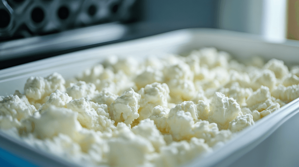 Cottage cheese stored in a freezer-safe container.
