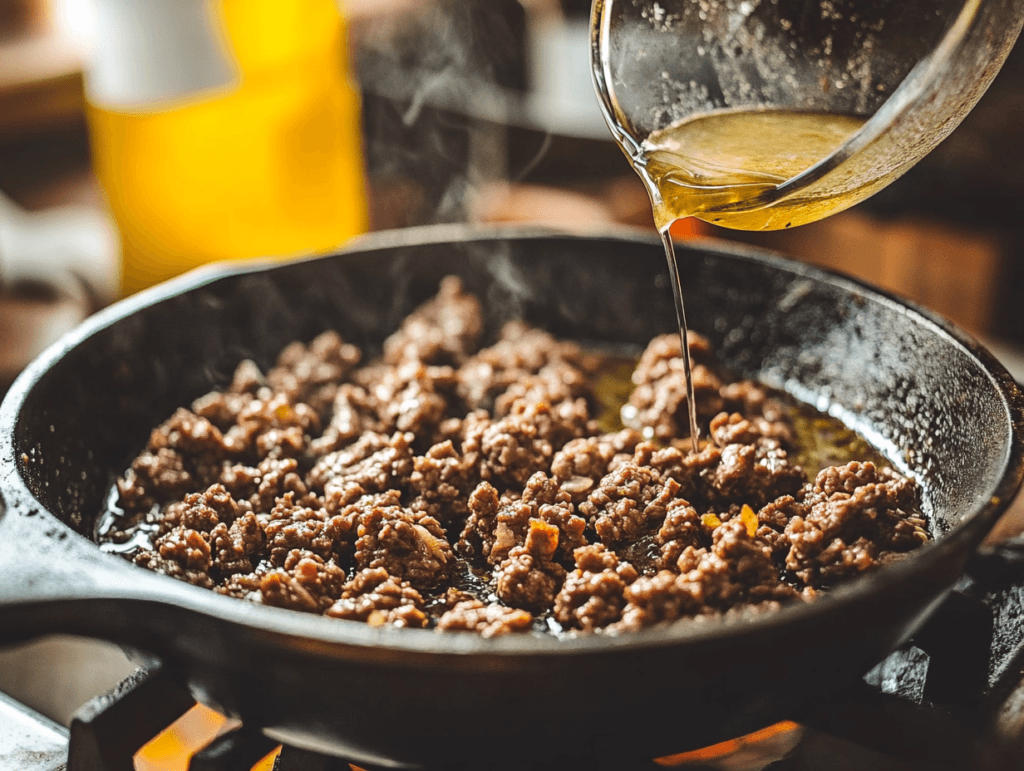 Cooked 80/20 ground beef in a cast iron skillet with visible browning and crispy edges