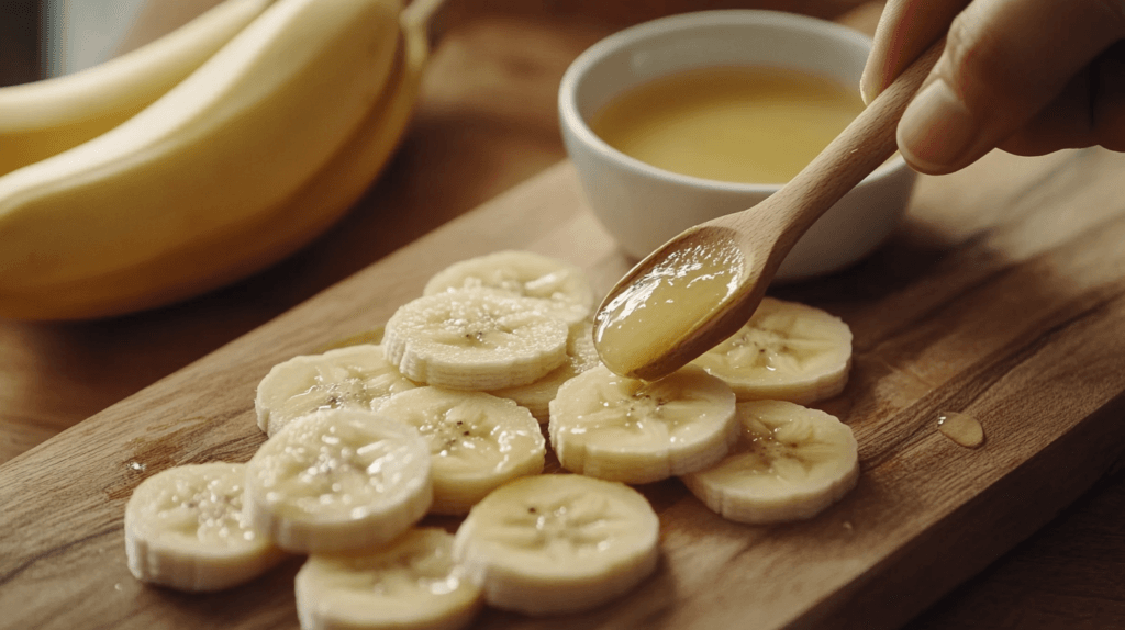 Fresh banana slices being brushed with lemon juice on a wooden board to prevent browning