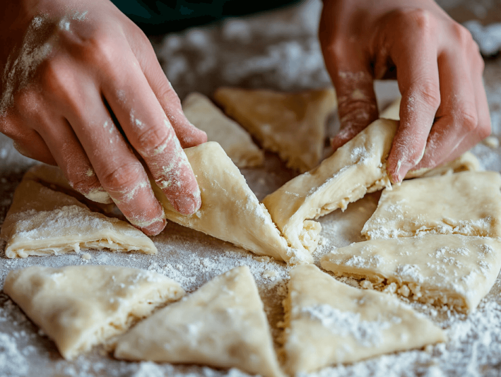 Hands rolling out dough into a thin sheet on a floured surface, with a cutter nearby