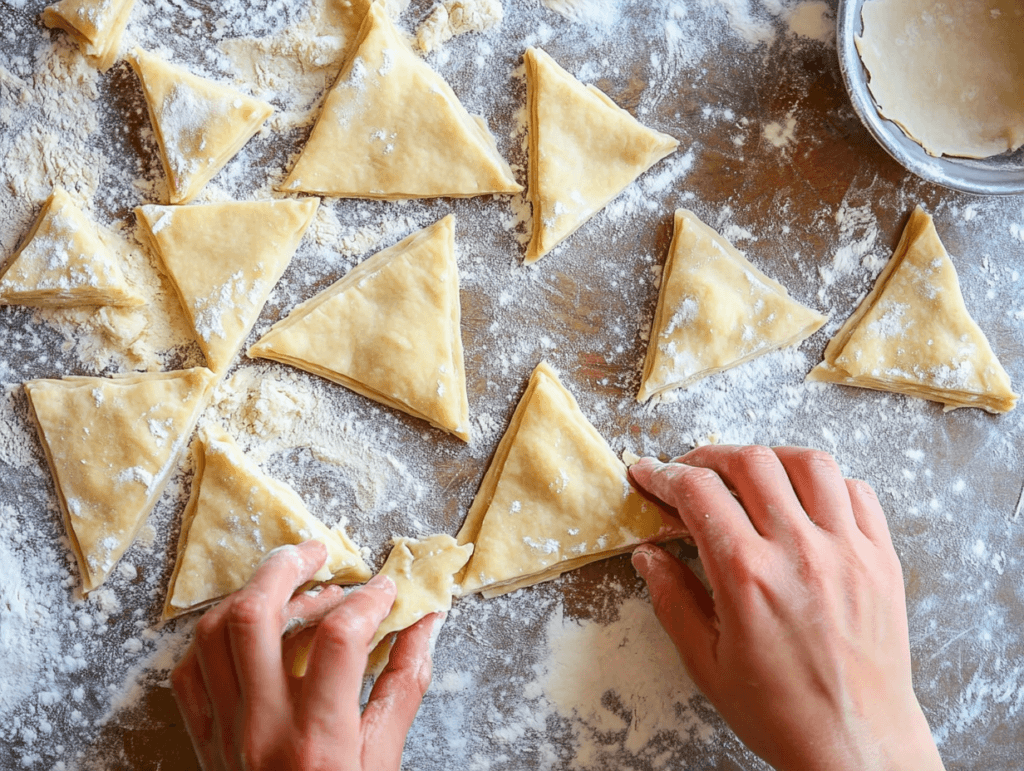 Hands rolling pastry dough on a floured surface, preparing it for baking