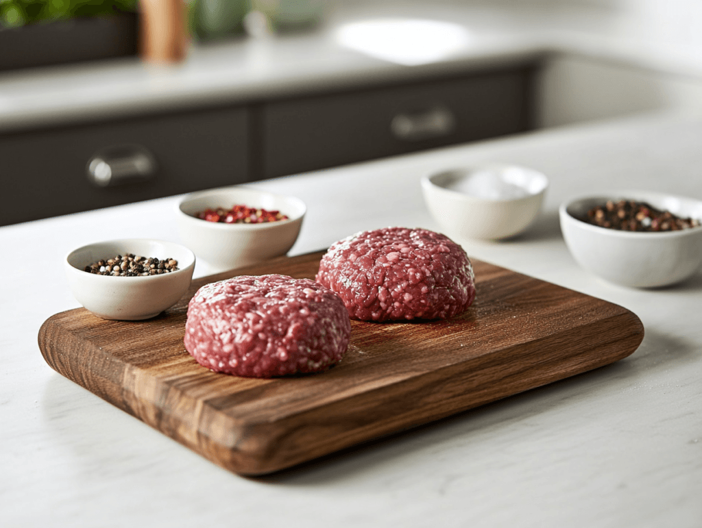 Close-up of raw 80/20 ground beef on a wooden cutting board.