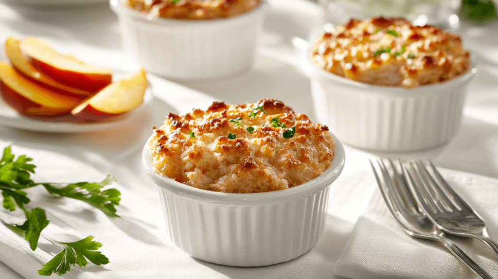 Individual ramekins of peach crumble, golden brown and freshly baked, served warm.