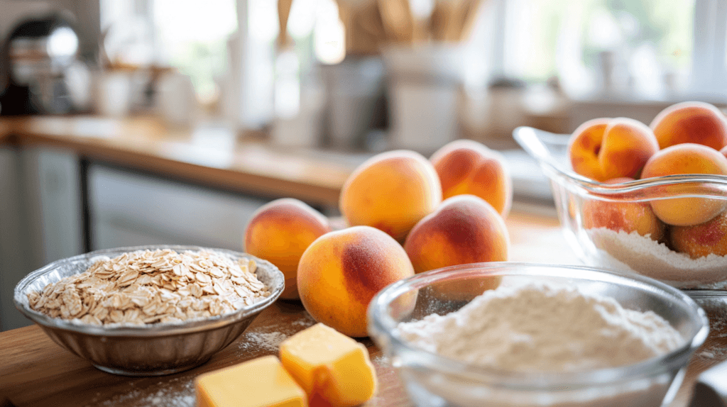 Ingredients for peach crumble arranged on a wooden surface, including fresh peaches, flour, sugar, butter, and spices.
