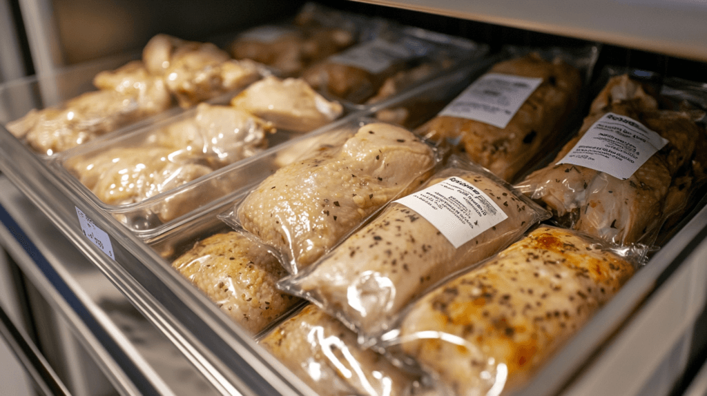 Labeled and portioned rotisserie chicken stored in freezer bags, neatly arranged for organized meal planning.