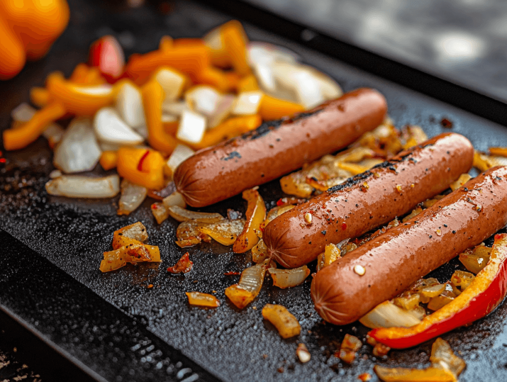 Grilled hot dogs and sautéed onions with vibrant bell peppers on a black griddle, seasoned with spices