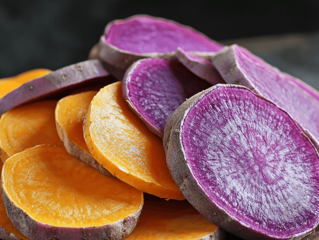 Close-up of vibrant orange and purple sweet potato slices stacked together on a dark background.