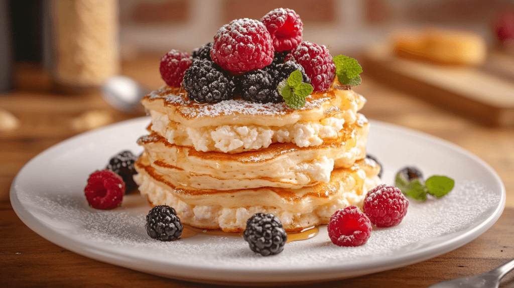 Fluffy cottage cheese pancakes served with berries.