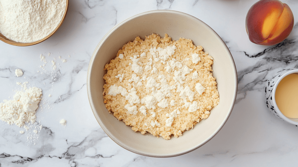 Step-by-step instructions for preparing a peach crumble recipe, featuring fresh peaches, crumble topping, and a baking dish.