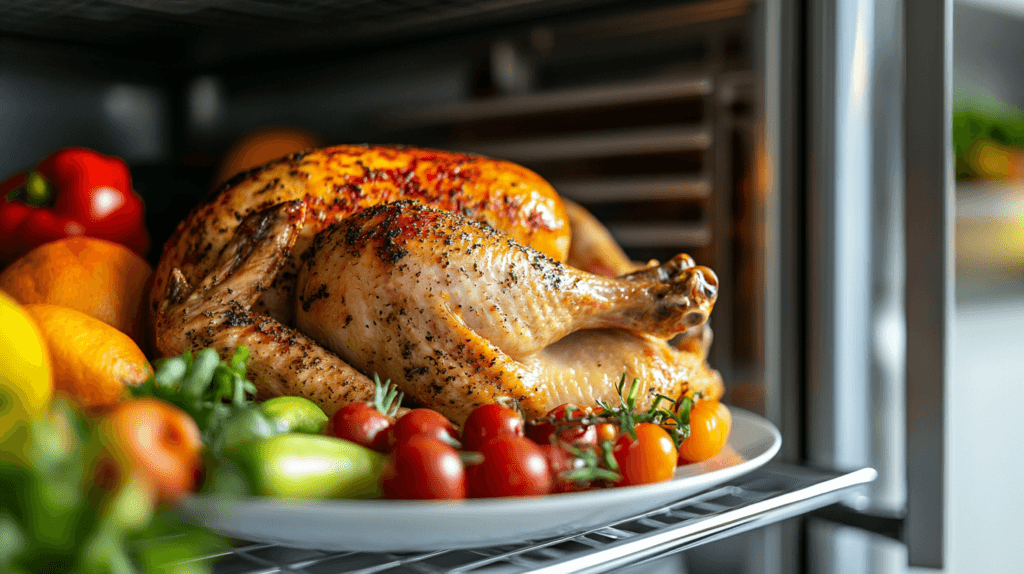 Thawed rotisserie chicken in a refrigerator, set on a plate and wrapped for storage.