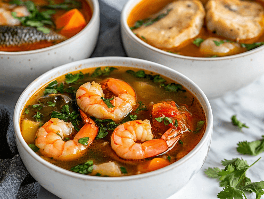 Three bowls of Sinigang soup with different variations, featuring shrimp, pork, and vegetables, served on a wooden table
