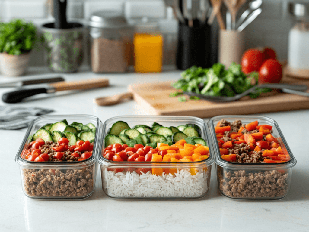 Three meal prep containers filled with ground beef, vegetables, and rice, neatly arranged on a countertop