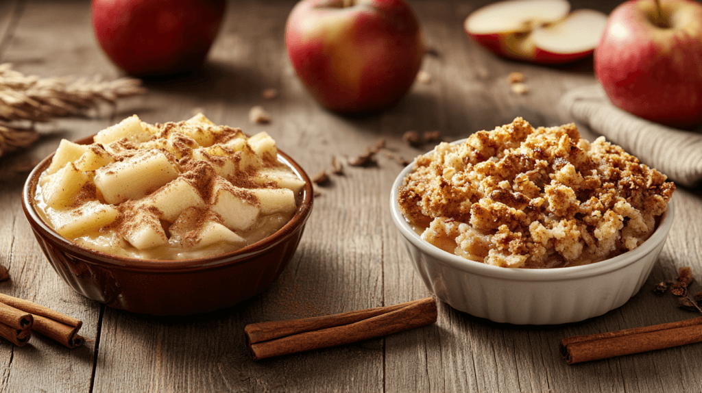 Two servings of apple desserts side by side on a wooden table, topped with whipped cream and garnished with cinnamon.